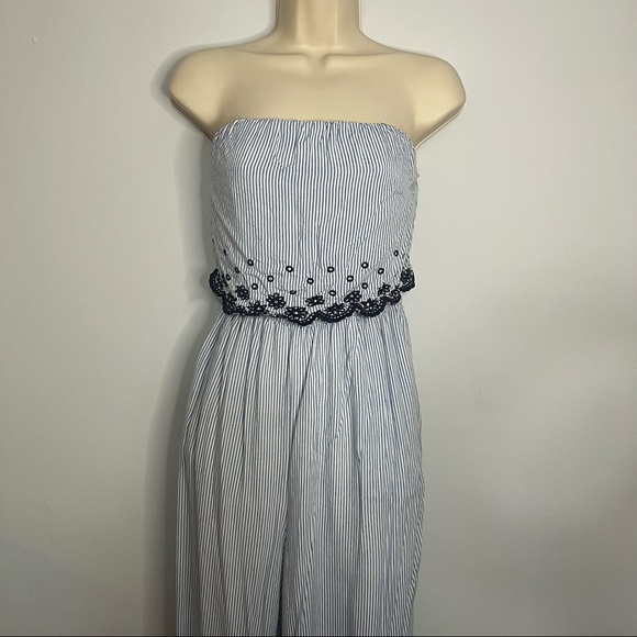 Jessica Simpson Pants - Jessica Simpson strapless blue stripe jumpsuit